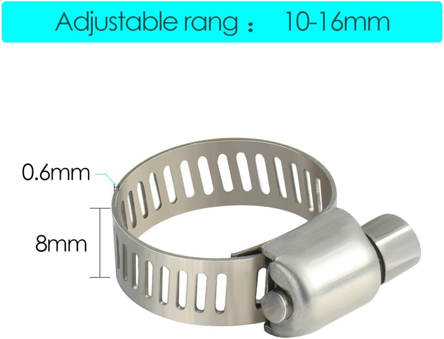 Pallafort Adjustable Stainless Steel Worm Gear Hose Clamp (10-16mm) - 10 pcs Pack