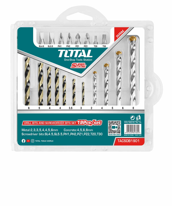 Total 19 Pcs Drill & Screwdriver Bits Set - TACSDB1901